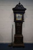 AN EARLY 20TH CENTURY OAK EIGHT DAY CHIMING LONGCASE CLOCK, the hood with an elaborate swan neck