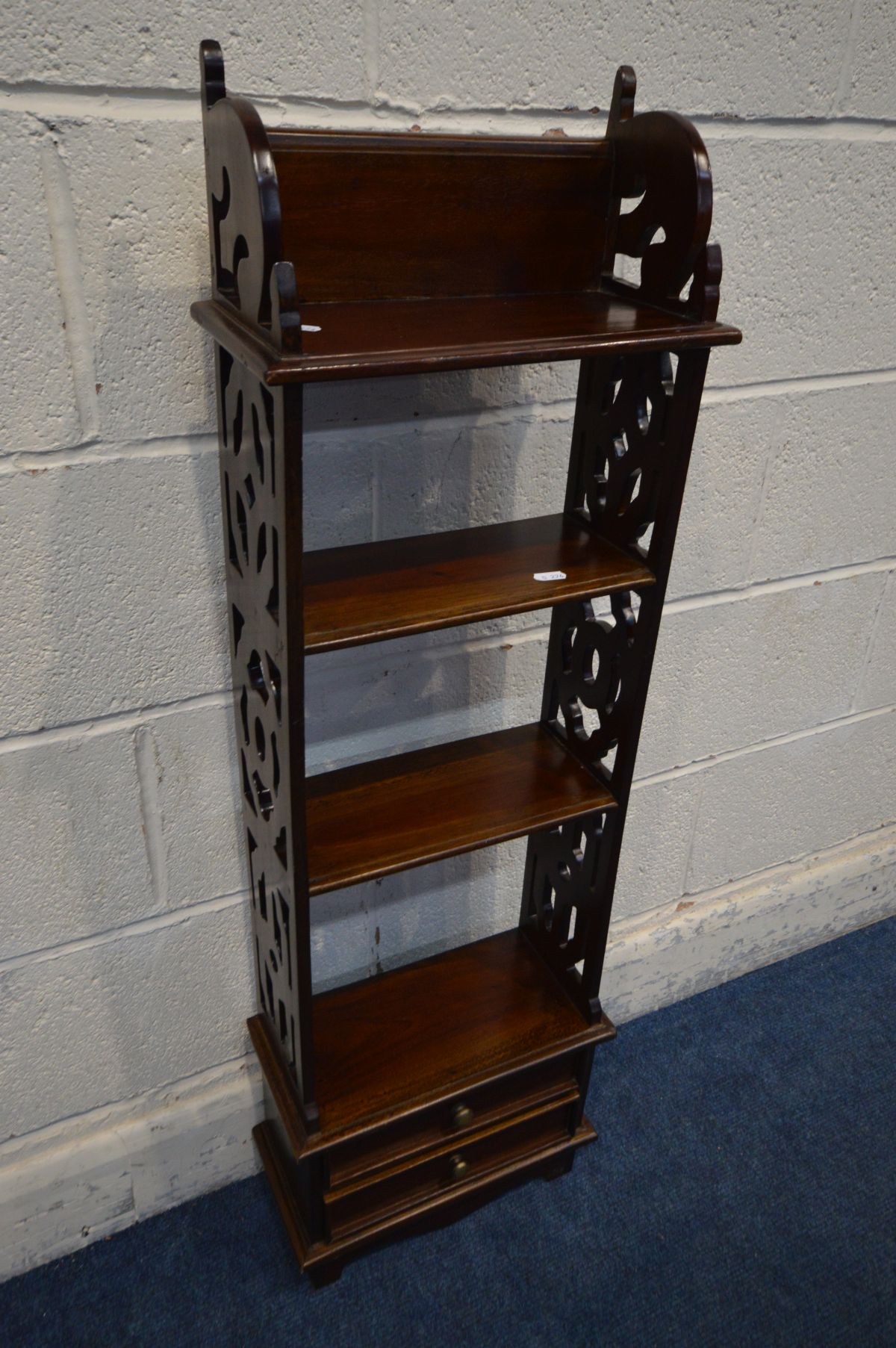 A SLIM HARDWOOD OPEN BOOKCASE with two drawers, width 35cm x depth 16cm x height 111cm