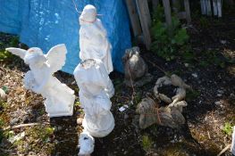 SIX VARIOUS COMPOSITE GARDEN FIGURES, three painted white, to include a cherub, two female in