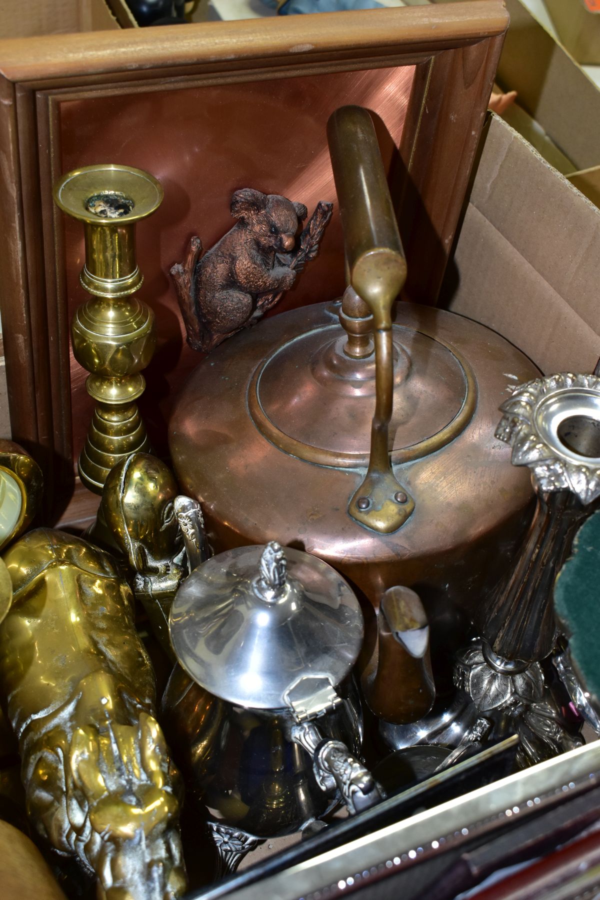 A BOX OF METALWARE, including a Carrs modern hallmarked silver photograph frame, (inner measurements - Image 3 of 6