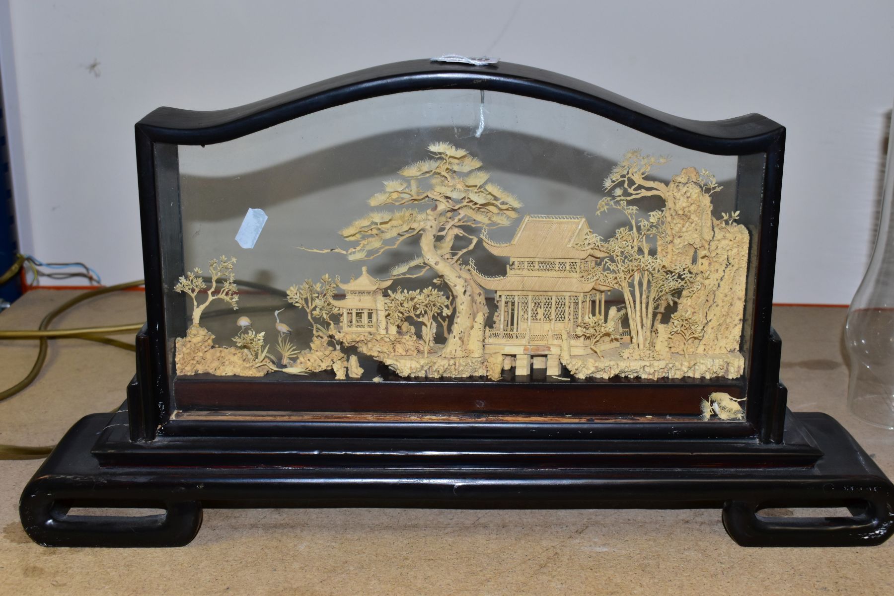 A 20TH CENTURY CHINESE CORK DIORAMA OF PAGODAS IN A LANDSCAPE, in a glazed case with a scrolled - Image 4 of 10