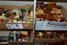 FIVE BOXES OF ASSORTED WOODEN AND PLASTIC DOLLS HOUSE FURNITURE, including dressers, chests of