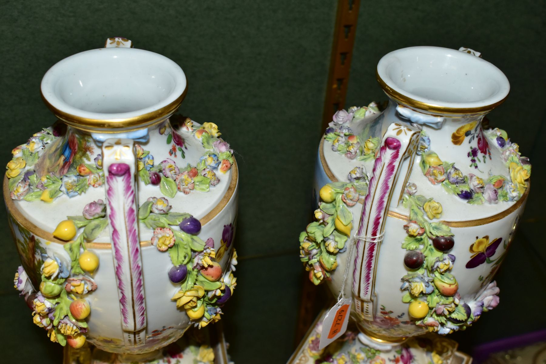 A PAIR OF EARLY 20TH CENTURY POTSCHAPPEL PORCELAIN TWIN HANDLED FLORAL ENCRUSTED VASES ON PLINTHS, - Image 15 of 20