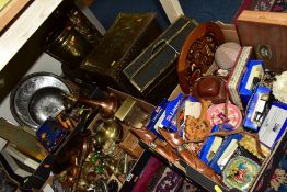 THREE BOXES AND LOOSE METAWARES, ETC, including a brass magazine rack, slipper box, two brass