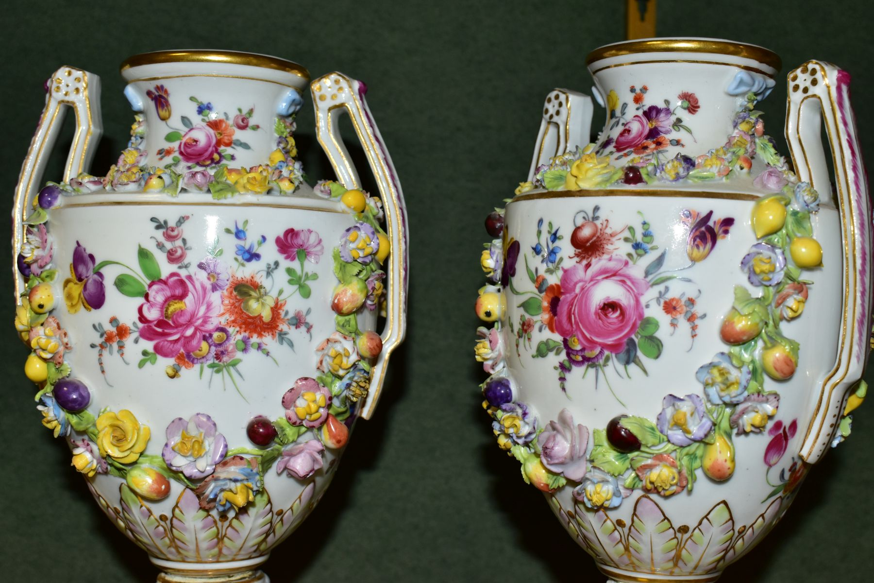 A PAIR OF EARLY 20TH CENTURY POTSCHAPPEL PORCELAIN TWIN HANDLED FLORAL ENCRUSTED VASES ON PLINTHS, - Image 8 of 20