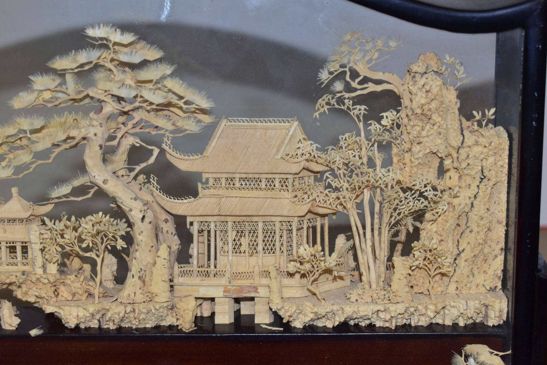 A 20TH CENTURY CHINESE CORK DIORAMA OF PAGODAS IN A LANDSCAPE, in a glazed case with a scrolled - Image 5 of 10