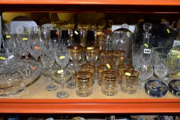 A GROUP OF CUT/GILT DECORATED/COLOURED GLASSWARES, to include a pair of Stuart Crystal flutes,