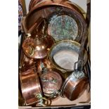 A BOX AND LOOSE OF COPPER AND BRASS, including a 19th Century copper warming pan on a turned