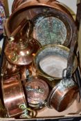 A BOX AND LOOSE OF COPPER AND BRASS, including a 19th Century copper warming pan on a turned