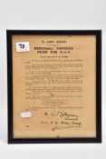 A GLAZED FRAME approximately 27cm x 22cm containing the Army group letter which was issued to Allied