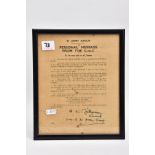 A GLAZED FRAME approximately 27cm x 22cm containing the Army group letter which was issued to Allied