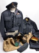TWO RAF WWII BATTLE DRESS UNIFORM JACKETS, one with trousers, one jacket with VR shoulder tabs and