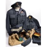 TWO RAF WWII BATTLE DRESS UNIFORM JACKETS, one with trousers, one jacket with VR shoulder tabs and