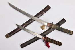 TWO JAPANESE WWII ERA SHORT SWORDS 'Gunto/Tanto' designs, blade length approximately 44cm, tang is