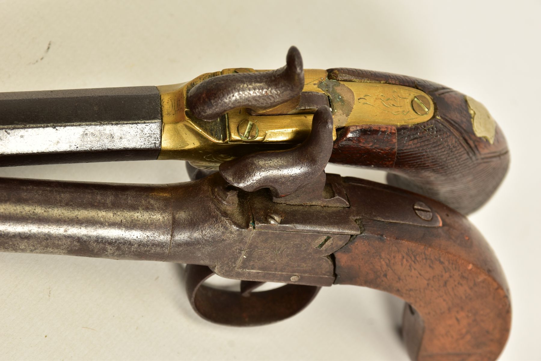 TWO ANTIQUE PERCUSSION BOXLOCK POCKET PISTOLS, the first has a round 56 bore 2¾'' screw off barrel - Image 13 of 14