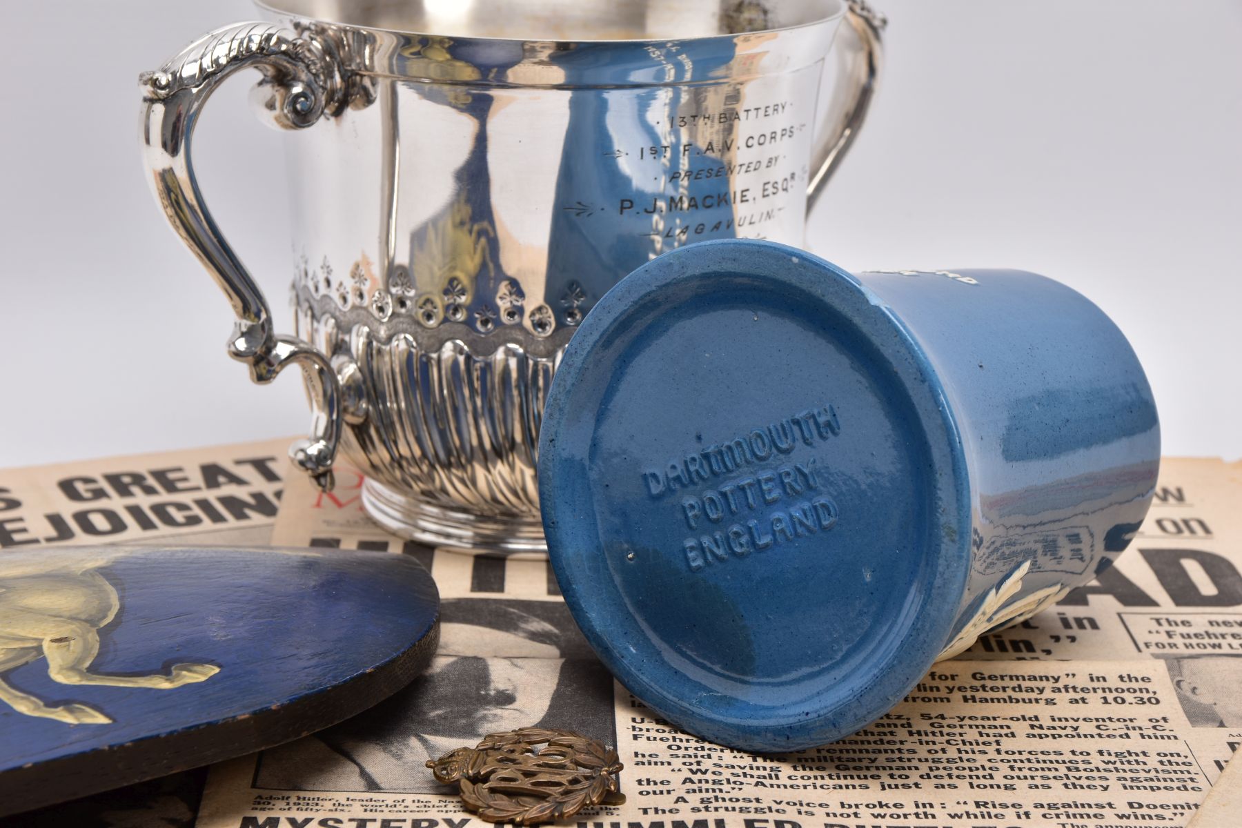 A BOX CONTAINING A LARGE SILVER PLATED CUP ENGRAVED TO FRONT, '13th Battery, 1st F.A.V. Corps, - Image 11 of 13