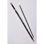 TWO MILITARY RELATED SWAGGER STYLE STICKS, to include a white metal sphere topped with white metal