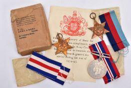 A BOXED GROUP OF WWII MEDALS AS FOLLOWS, 1939-45 France and Germany Stars and War Medal, all mint