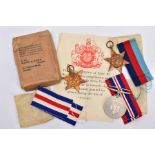 A BOXED GROUP OF WWII MEDALS AS FOLLOWS, 1939-45 France and Germany Stars and War Medal, all mint