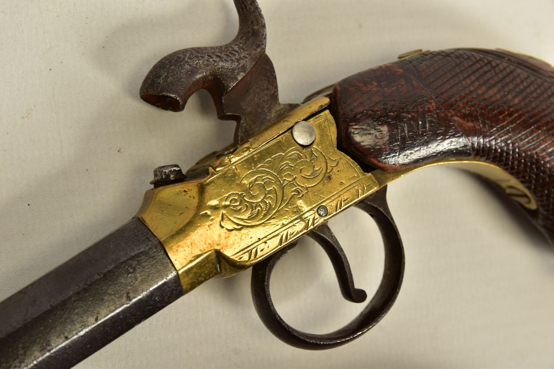 TWO ANTIQUE PERCUSSION BOXLOCK POCKET PISTOLS, the first has a round 56 bore 2¾'' screw off barrel - Image 9 of 14