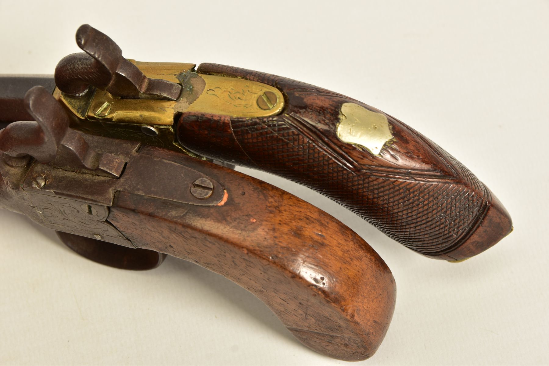 TWO ANTIQUE PERCUSSION BOXLOCK POCKET PISTOLS, the first has a round 56 bore 2¾'' screw off barrel - Image 11 of 14