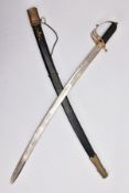 A LOW QUALITY SWORD AND SCABBARD, blade is curved and approximately 80cm in length, the blade is