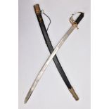 A LOW QUALITY SWORD AND SCABBARD, blade is curved and approximately 80cm in length, the blade is