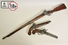 THREE WHITE METAL COPIES OF ANTIQUE FIREARMS, the first is a copy of a Miquelet flintlock pistol