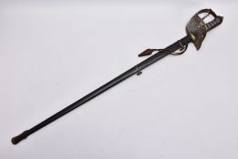 A VICTORIAN 1897 PATTERN OFFICERS SWORD, with metal scabbard and brown leather 'portipee', the