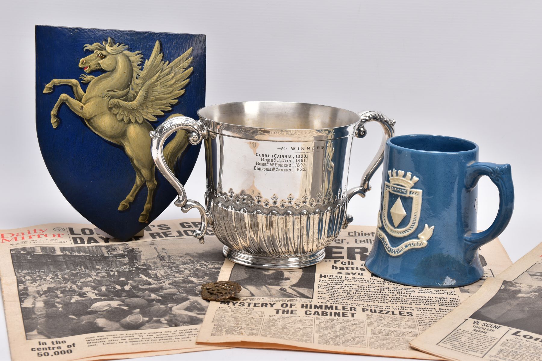 A BOX CONTAINING A LARGE SILVER PLATED CUP ENGRAVED TO FRONT, '13th Battery, 1st F.A.V. Corps, - Image 12 of 13