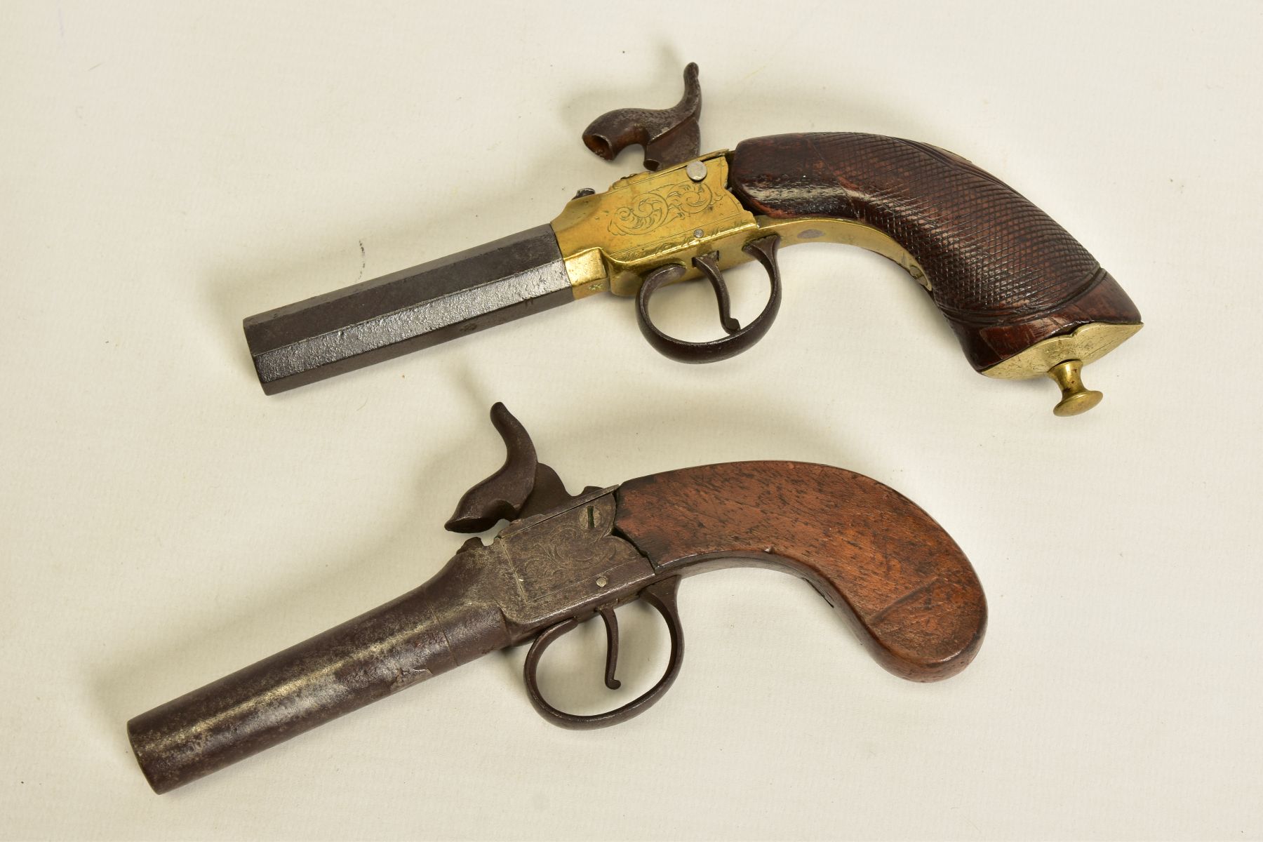 TWO ANTIQUE PERCUSSION BOXLOCK POCKET PISTOLS, the first has a round 56 bore 2¾'' screw off barrel - Image 6 of 14