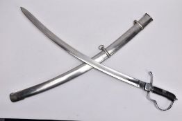 A LARGE SILVER COLOURED SWORD AND SCABBARD, in the design of a late 18th century sabre/cutlass style