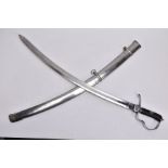 A LARGE SILVER COLOURED SWORD AND SCABBARD, in the design of a late 18th century sabre/cutlass style