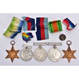 A GROUP OF FOUR WWII MEDALS (1939-45, Atlantic Stars Defence & War Medal), together with a 25th