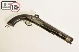 AN ANTIQUE 28 BORE FULL STOCKED PERCUSSION SINGLE BARREL HOLSTER PISTOL, fitted with a round 7¼''