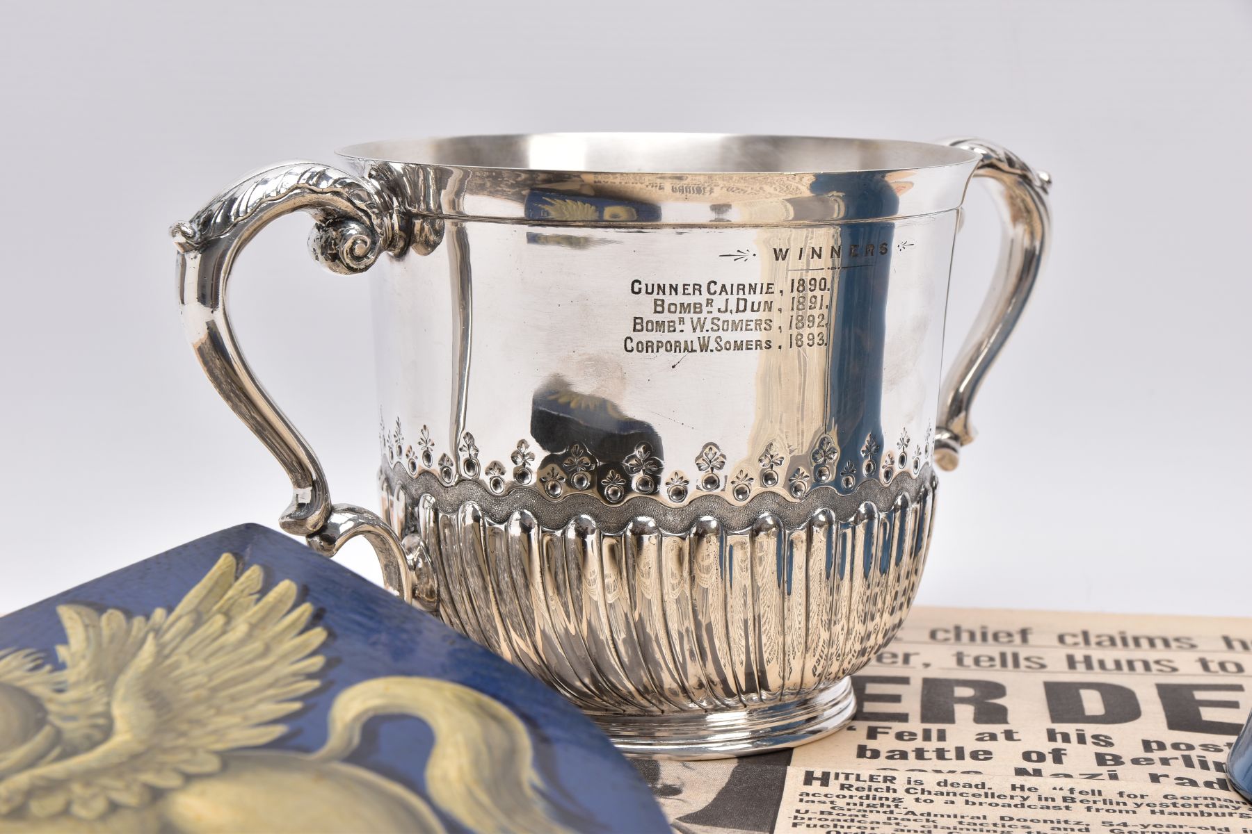 A BOX CONTAINING A LARGE SILVER PLATED CUP ENGRAVED TO FRONT, '13th Battery, 1st F.A.V. Corps, - Image 2 of 13