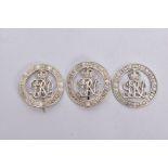 THREE 'FOR KING & EMPIRE SERVICES' RENDERED BADGES IN BRIGHT SILVER COLOUR, all three are