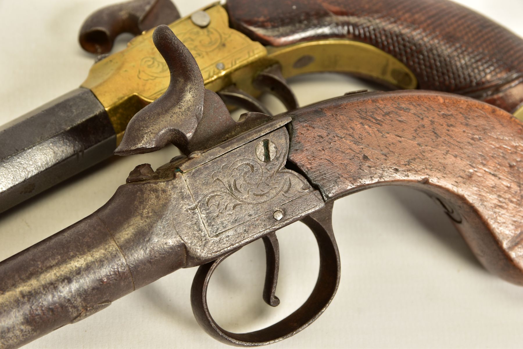 TWO ANTIQUE PERCUSSION BOXLOCK POCKET PISTOLS, the first has a round 56 bore 2¾'' screw off barrel - Image 12 of 14