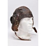 A FIRST PATTERN WWII RAF FLYING HELMET IN LEATHER, believed 1st style with three stud fasteners as