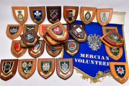 THIRTY FOUR WOODEN WALL PLAQUES RELATING TO BRITISH ARMY UNITS AND REGIMENTS, both past and present,