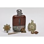 A SILVER PLATED AND LEATHER HIP FLASK, nicely made by 'Despatch' England 3.5oz, together with four