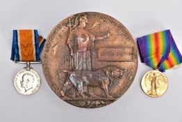 A WWI MEMORIAL DEATH PLAQUE named George Haynes, together with a British War and Victory medal named