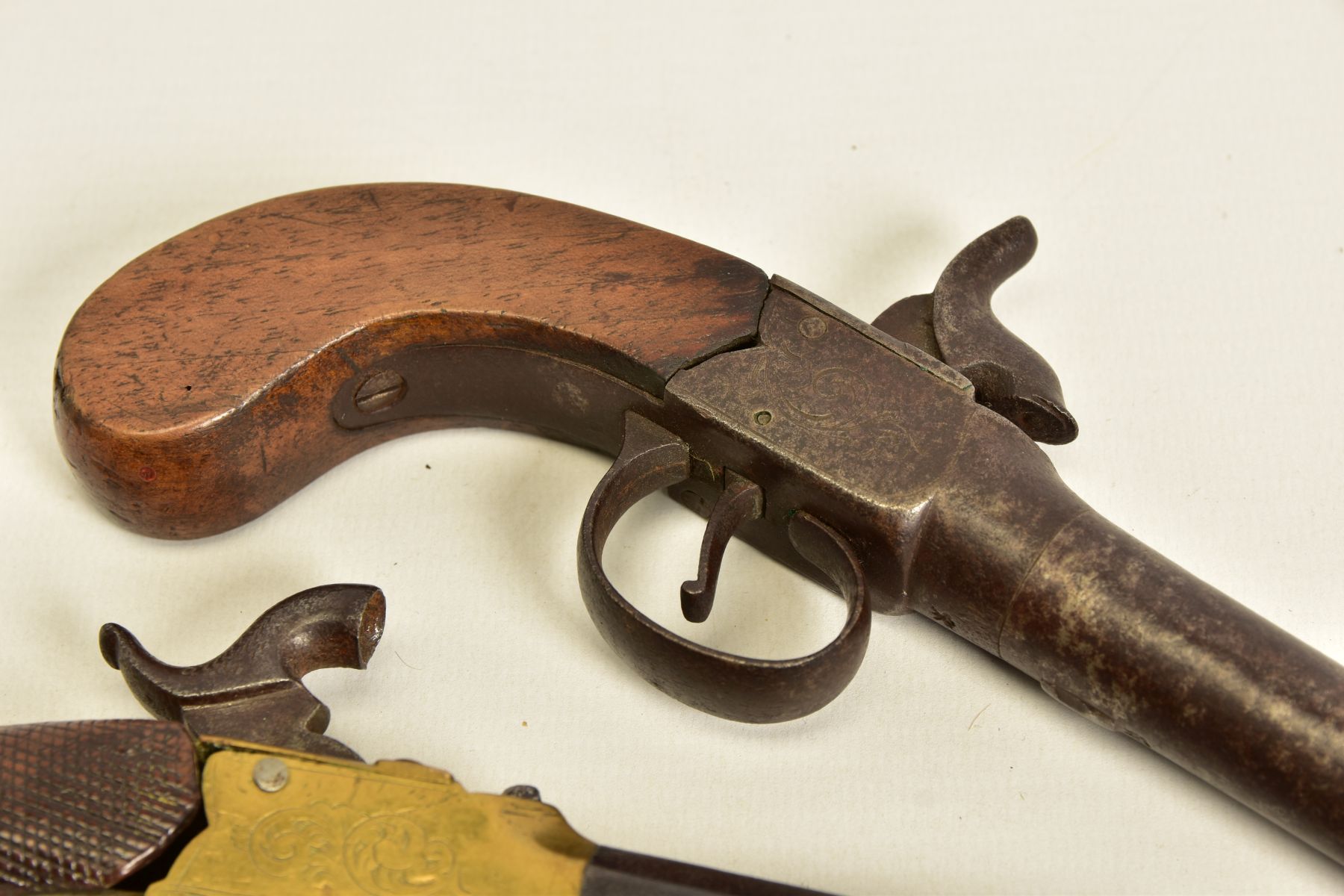 TWO ANTIQUE PERCUSSION BOXLOCK POCKET PISTOLS, the first has a round 56 bore 2¾'' screw off barrel - Image 3 of 14