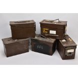 FIVE METAL MILITARY AMMUNITION BOXES WWII and later era, two of them being marked 5.56mm and 7.62mm,