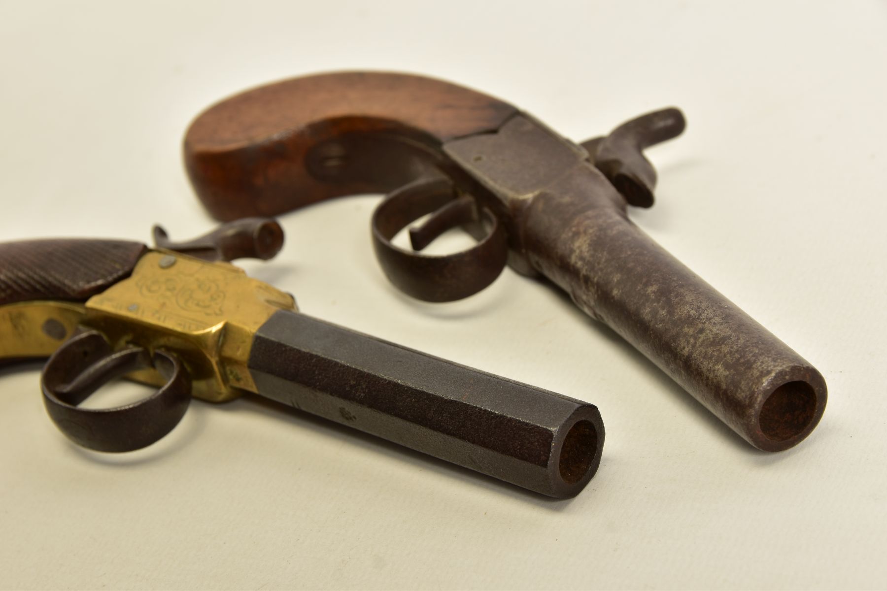 TWO ANTIQUE PERCUSSION BOXLOCK POCKET PISTOLS, the first has a round 56 bore 2¾'' screw off barrel - Image 4 of 14