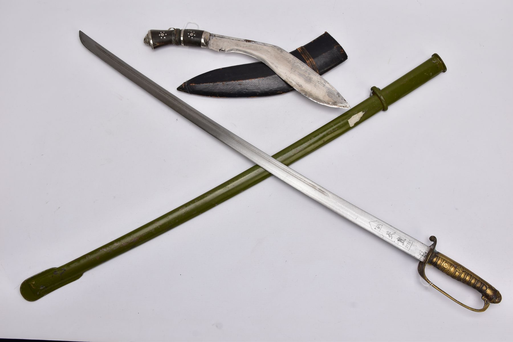 A CHINESE? POST WWII PATTERN MILITARY SWORD AND GREEN PAINTED METAL SCABBARD, the blade is