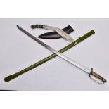 A CHINESE? POST WWII PATTERN MILITARY SWORD AND GREEN PAINTED METAL SCABBARD, the blade is