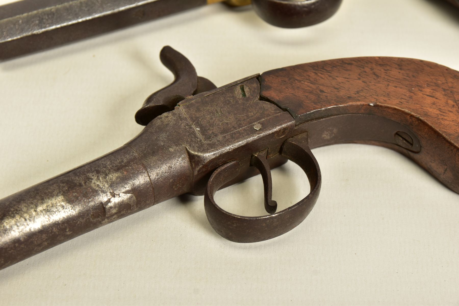 TWO ANTIQUE PERCUSSION BOXLOCK POCKET PISTOLS, the first has a round 56 bore 2¾'' screw off barrel - Image 8 of 14