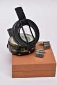 A MILITARY ISSUE FIELD COMPASS, black metal case by HB & S Ltd, Barking, Ref HBS/R/7/58, glass cover