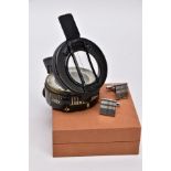 A MILITARY ISSUE FIELD COMPASS, black metal case by HB & S Ltd, Barking, Ref HBS/R/7/58, glass cover